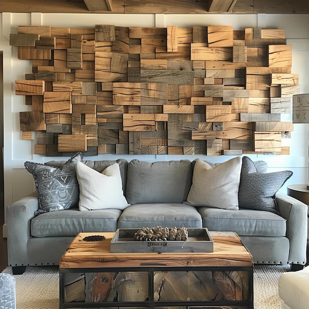 a living room with a couch and a wall of wood pieces