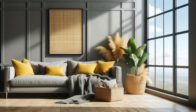 a living room with a couch a wicker basket and a plant