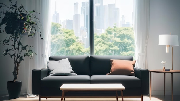 A living room with a couch and a window with a city skyline in the background