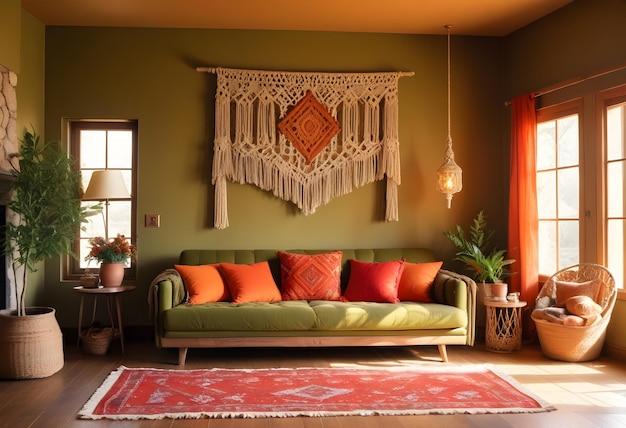 A living room with a couch and a window with a curtain that says pompom