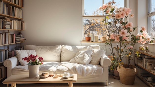 a living room with a couch and a window with flowers and plants