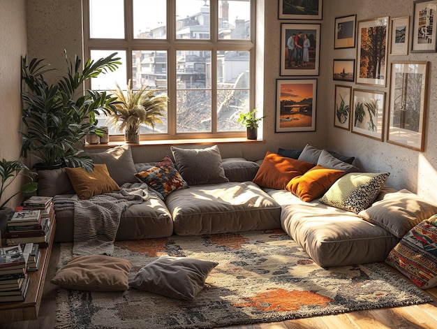 a living room with a couch and a window with a plant on it