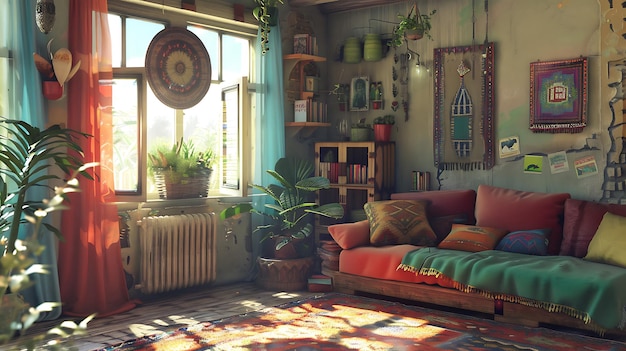 a living room with a couch and a window with a plant on the right