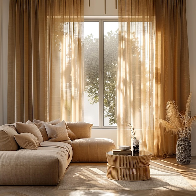 a living room with a couch and a window with the sun shining through it