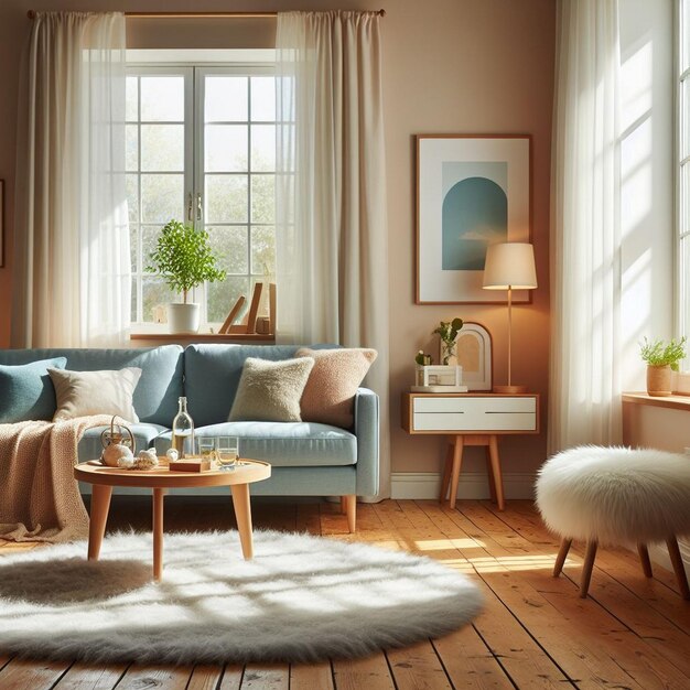 a living room with a couch and a window with the sun shining through