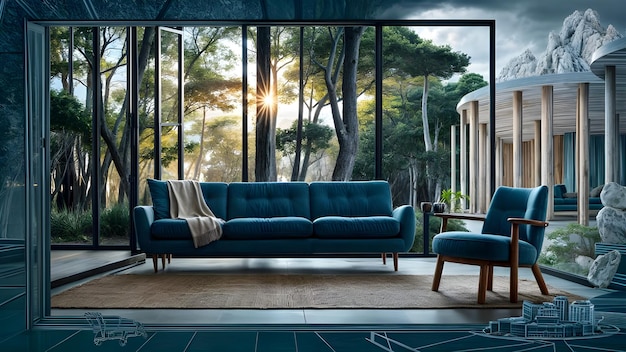 a living room with a couch and a window with the sun shining through