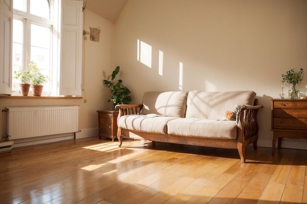 a living room with a couch and a window with the sun shining on the wall