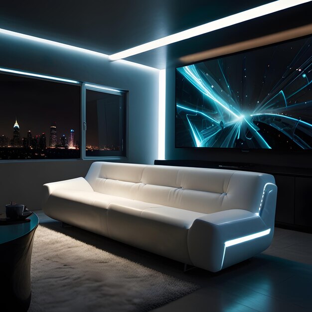 Photo a living room with a couch and a window with a view of the city skyline