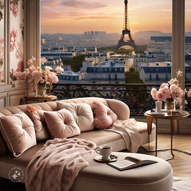 a living room with a couch and a window with a view of the city