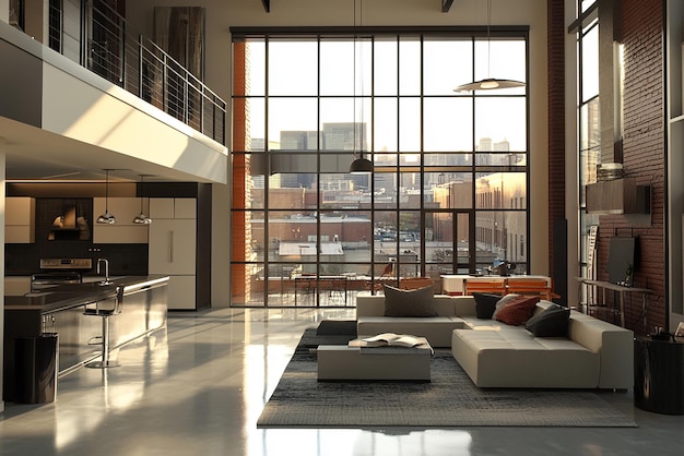 a living room with a couch and a window with a view of the city