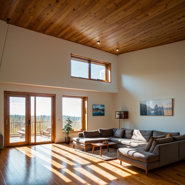 a living room with a couch and a window with a view of the countryside