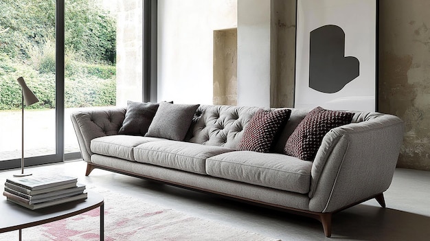 Photo a living room with a couch and a window with a view of the garden