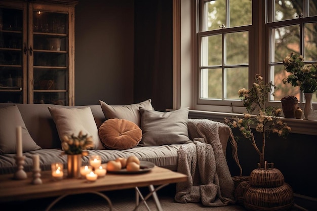 Photo a living room with a couch and a window with a view of the woods.