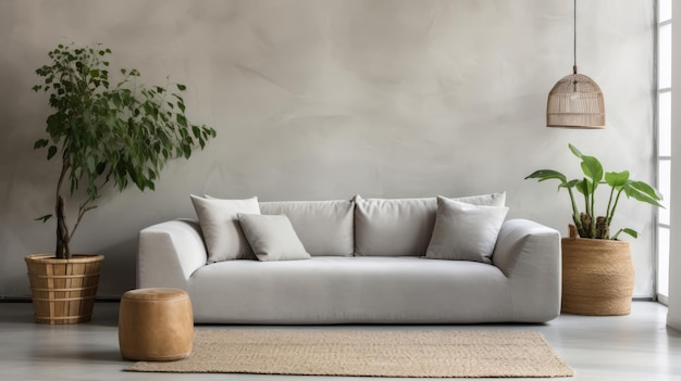 Living room with cozy grey sofa in a loft style