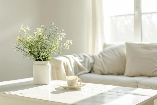 Living room with a cozy sofa featuring a vase of flowers and a coffee mug on a table