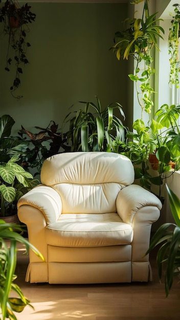 Living room with cream color fabric armchair and plants on empty green wall background