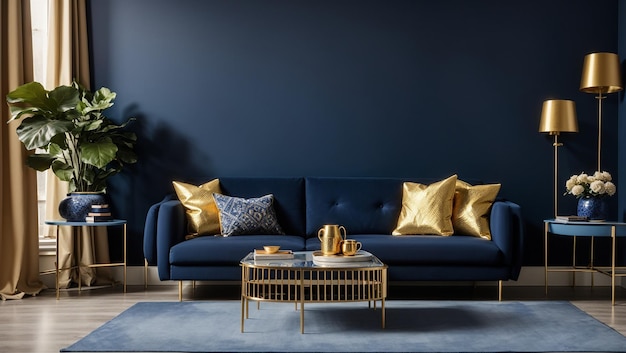 A living room with a dark blue wall a blue velvet sofa and gold accents