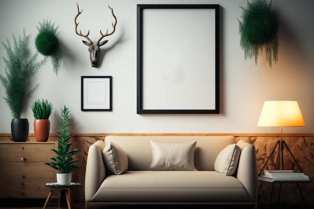 A living room with a deer head on the wall