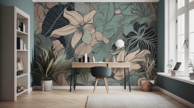 A living room with a desk and a plant wallpaper.