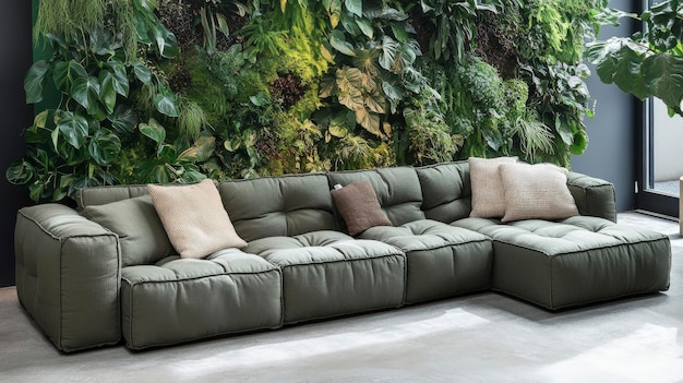 Living room with ecofriendly sofa hemp throw pillows indoor vertical garden soft ambient light