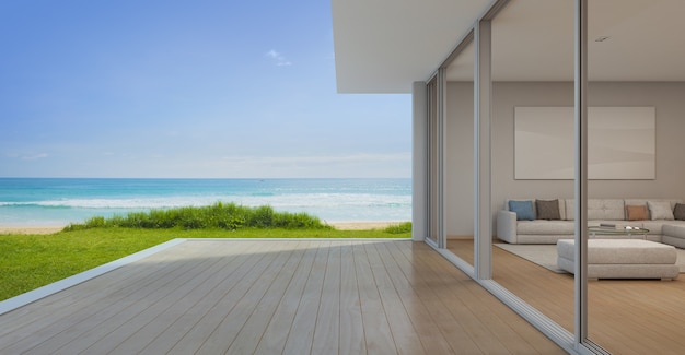 Living room with empty terrace in modern luxury beach house