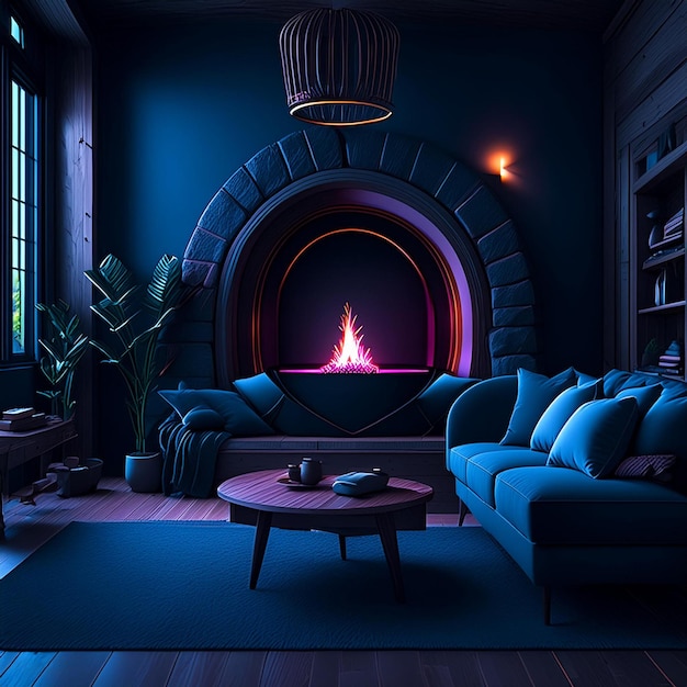 a living room with a fireplace and a blue wall with a fire place in the center