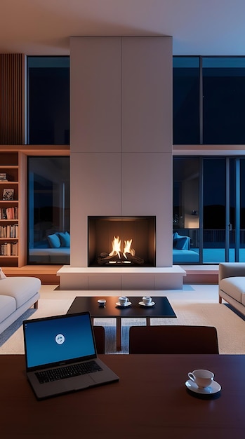 a living room with a fireplace and a bookcase