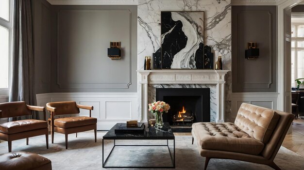 a living room with a fireplace and a chair with a fireplace