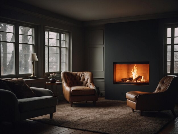 a living room with a fireplace and a chair