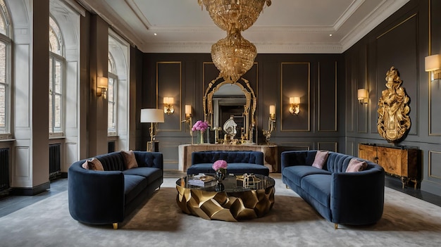 a living room with a fireplace and a chandelier with a gold decoration