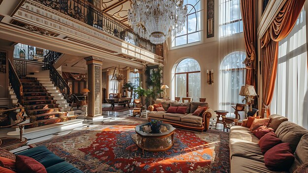 Photo a living room with a fireplace and a chandelier