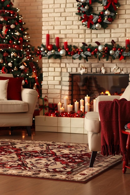 Photo a living room with a fireplace and a christmas tree in the background