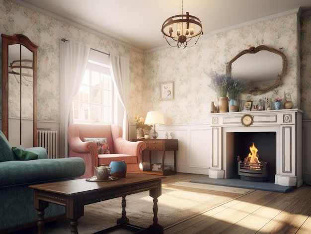 A living room with a fireplace and a clock on the wall that says'the time is 10 : 30 '