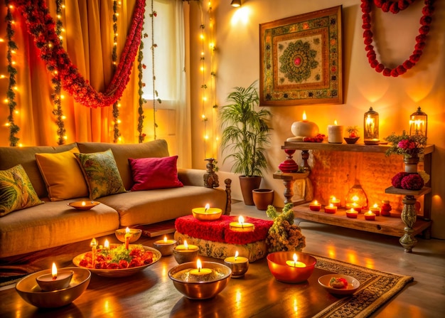 a living room with a fireplace and a couch with candles on it