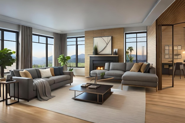 A living room with a fireplace and a couch with a green plant on the left side.