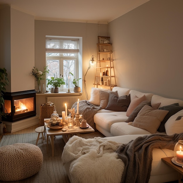 Photo a living room with a fireplace and a couch with pillows and a fire place