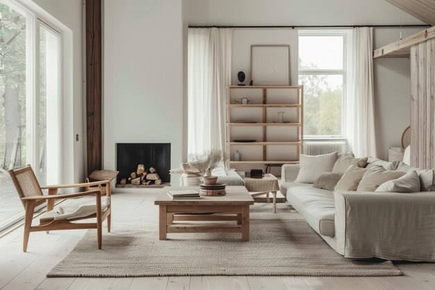 a living room with a fireplace and a couch with pillows and a fire place