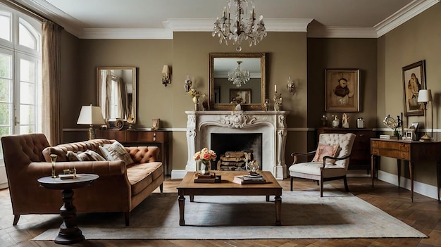 a living room with a fireplace and a couch with pillows and a fireplace