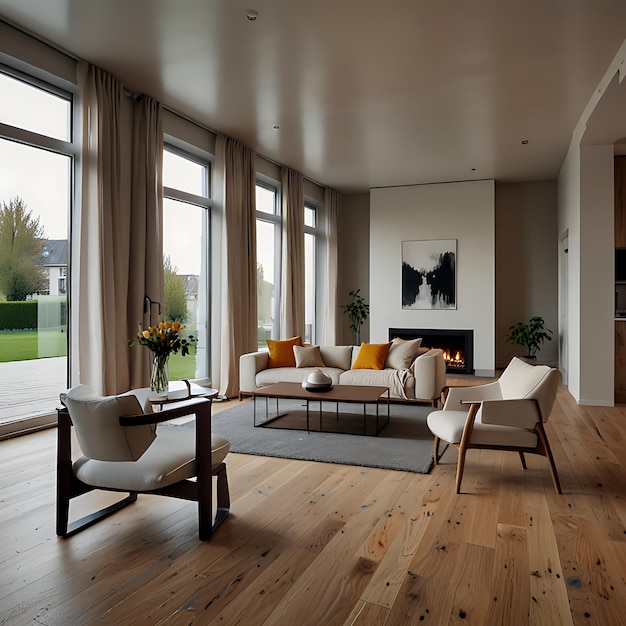 a living room with a fireplace and a couch with pillows and a painting on the wall