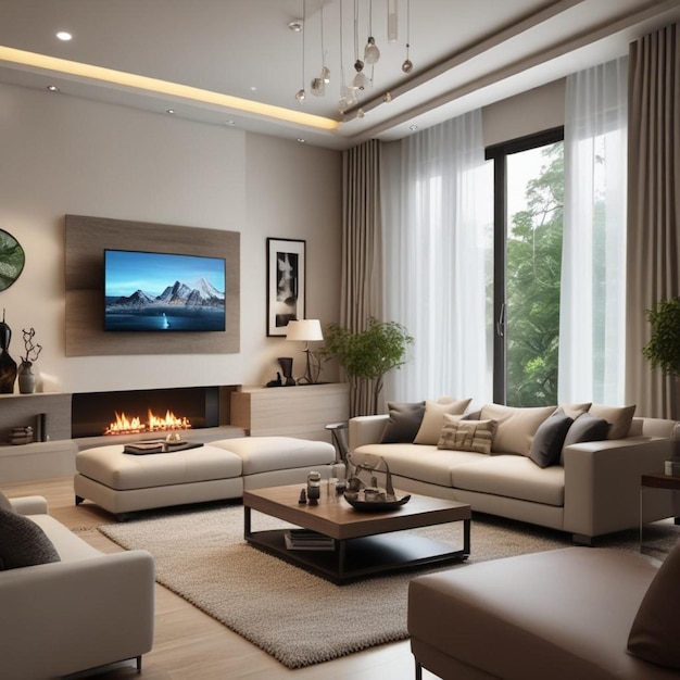 a living room with a fireplace couches and a television above it