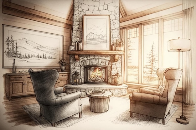 Living room with fireplace and cozy armchairs surrounded by pencil sketches of nature created with generative ai