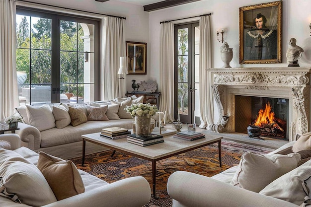 Living room with fireplace and family portrait