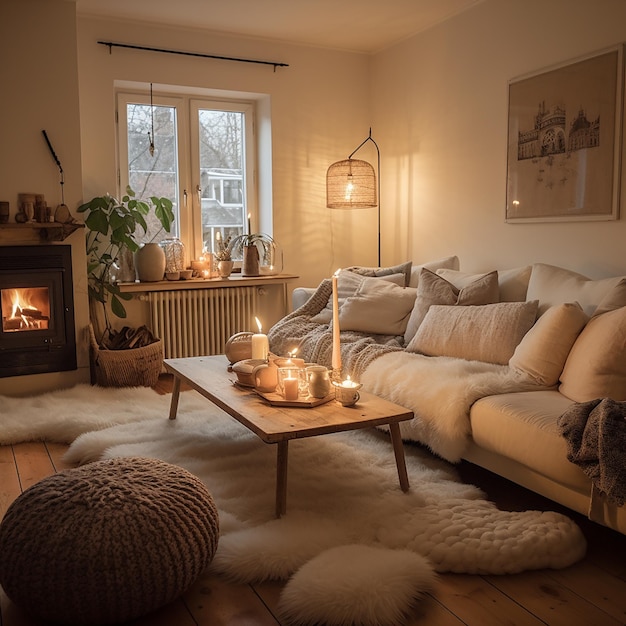 Photo a living room with a fireplace and a fire place with candles on it