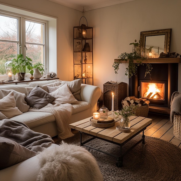 a living room with a fireplace and a fire place with a fire in the background