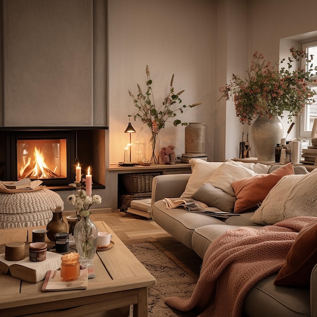 a living room with a fireplace and a fire place with a fire place in the background