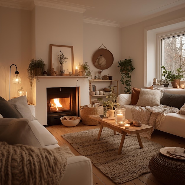 Photo a living room with a fireplace and a fire place with a fire place in the corner