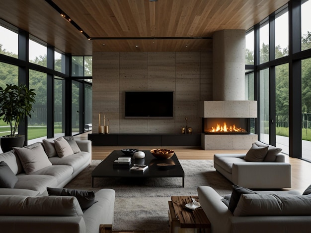 a living room with a fireplace and a fire place with a fireplace in the background