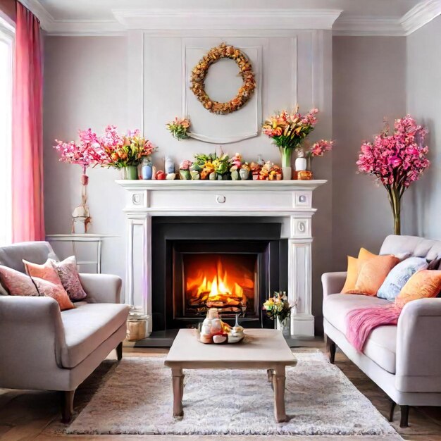 a living room with a fireplace and a fire place with a fireplace and flowers on the mantle