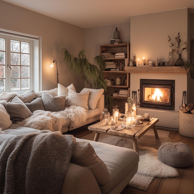 a living room with a fireplace and a fire place with a fireplace in it