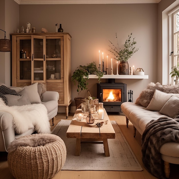 Photo a living room with a fireplace and a fire place with a fireplace in it